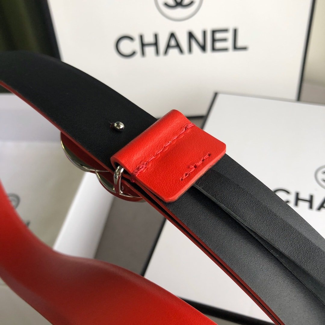 Ch**el Leather Belt With Cc Pearl And Silver Tone Metal Red 3Cm