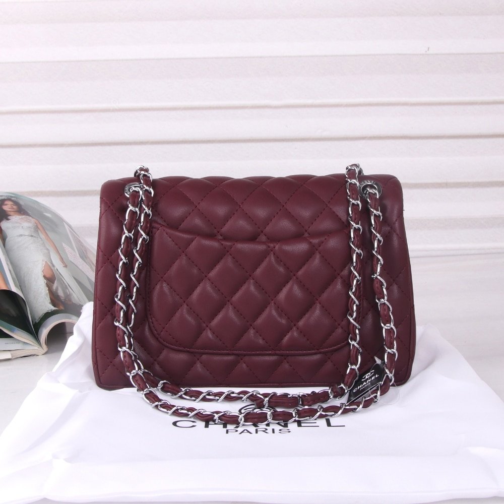 Ch**el Medium Classic Double Flap Burgundy Silver Hardware 27Cm