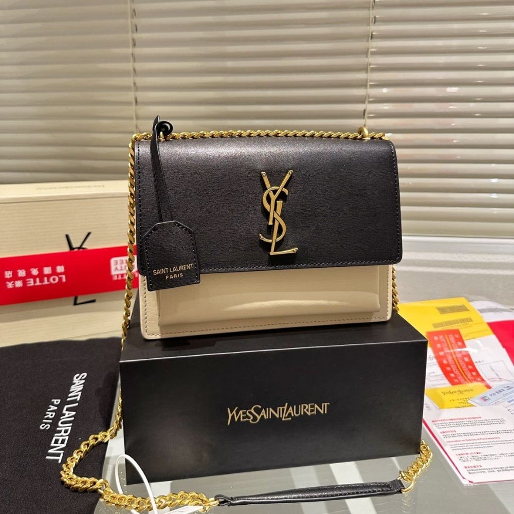 Sa1nt Lau*nt Sunset Medium Chain Bag In Smooth Leather Bag Beige Black 22Cm 442906D42Ew1089