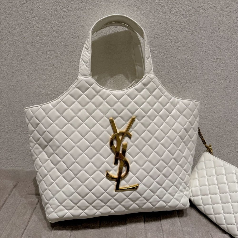 Sa1nt Lau*nt Icare Shopping Bag In Quilted Gold Hardware White 40Cm