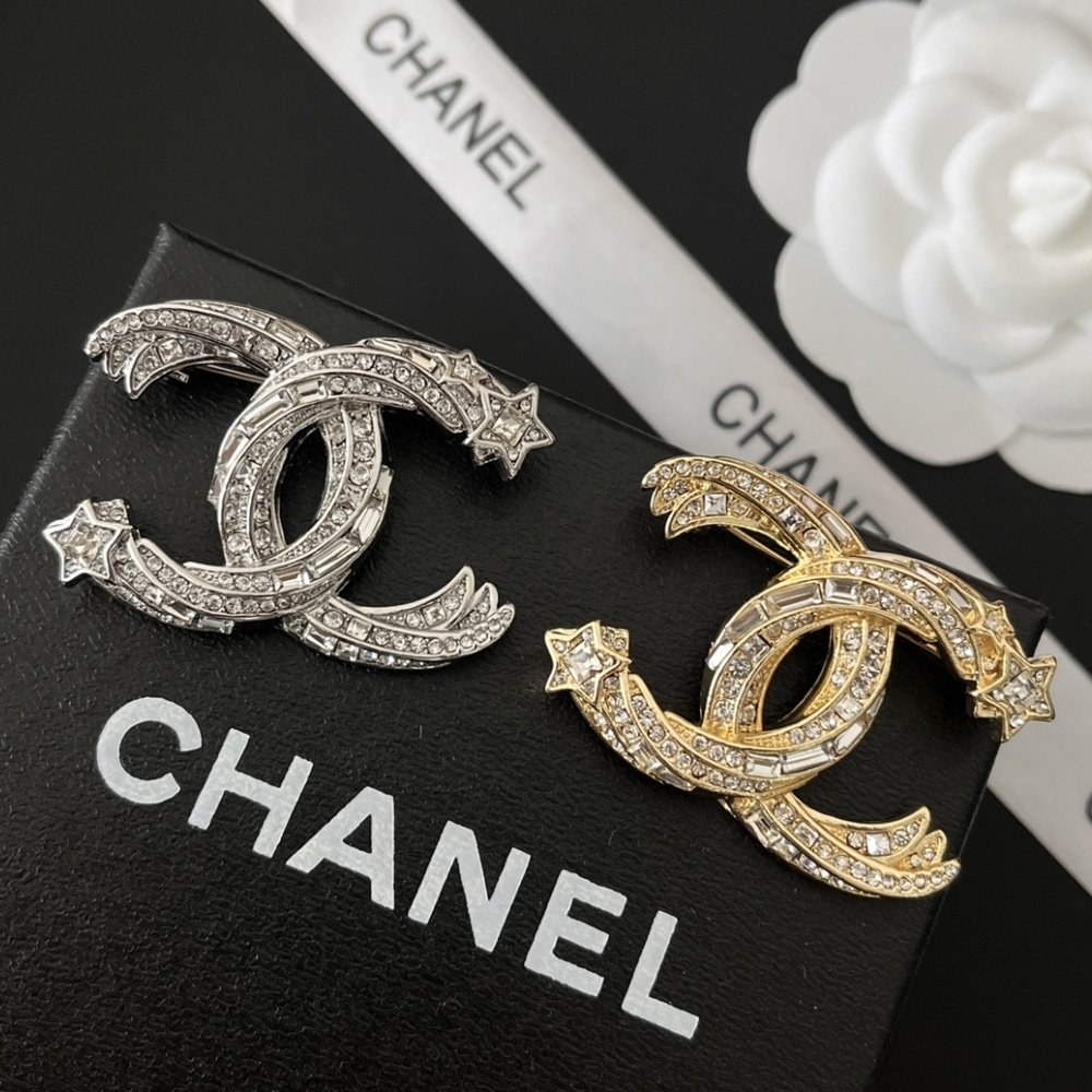 Ch**el Cc Brooch Silver With Stones Attached And Two Stars