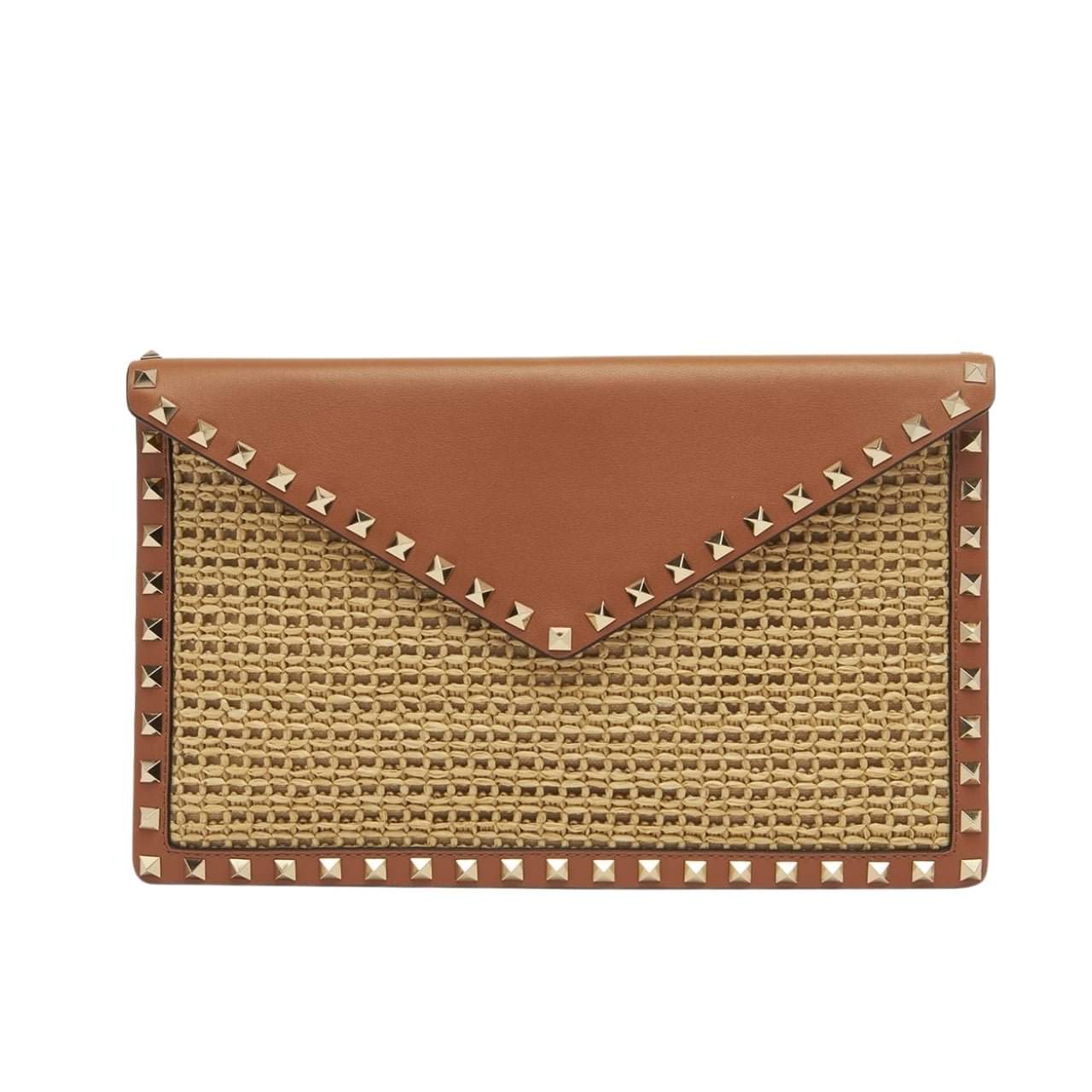 Va1e*ntin0 Garavani Rockstud Raffia Clutch Bag In Brown 28Cm