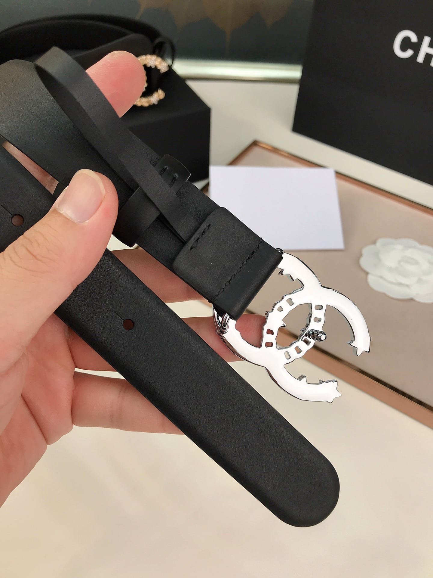 Ch**el Pearls Crystal Sliver Black Belt 28Mm