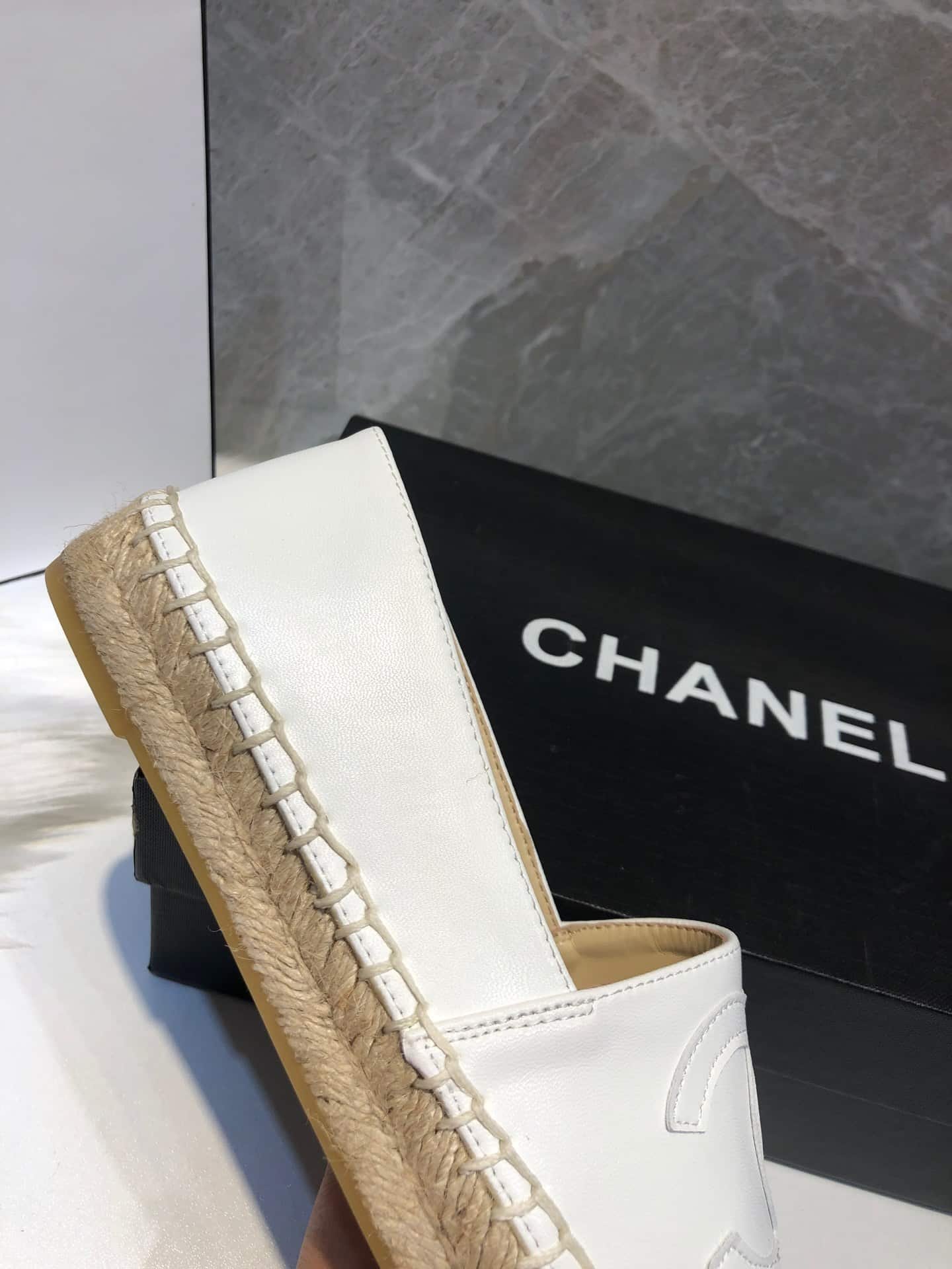 Ch**el Embroidered Espadrille Leather Cap Toe Flats White