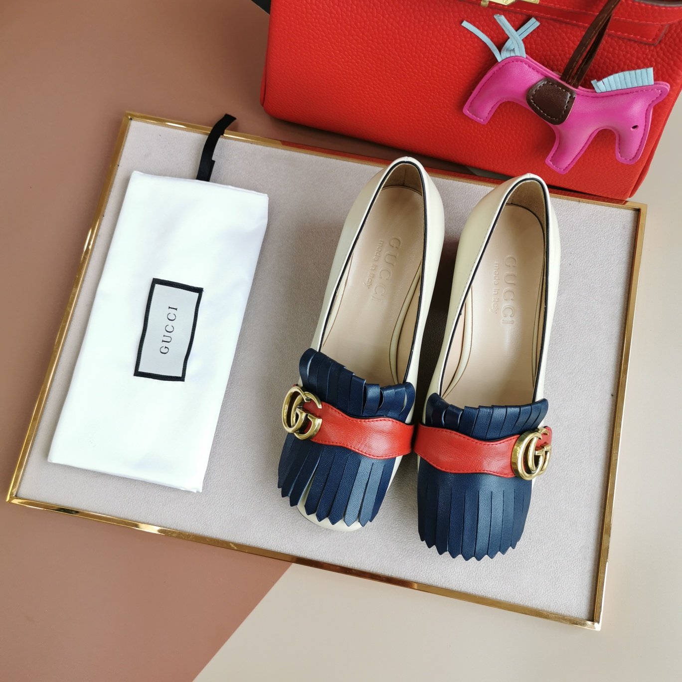 Gvc*1 Marmont Fringed Loafer Mid Heel White Blue Leather 408208 C9Dn0 9574
