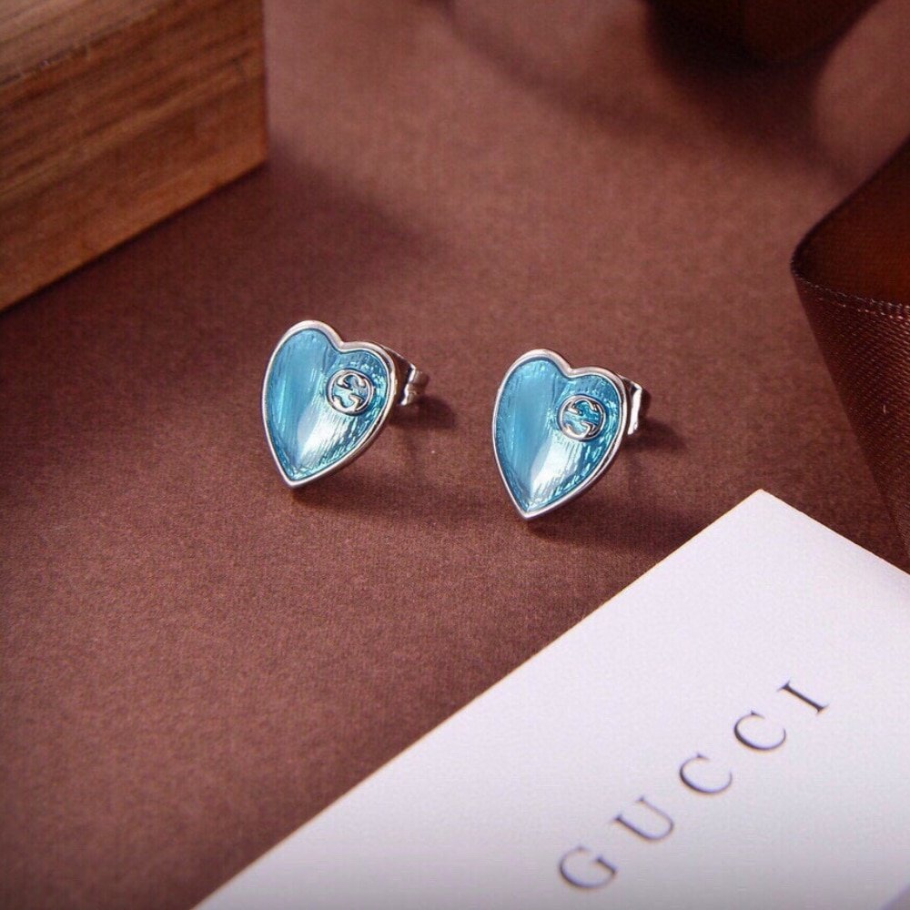 Gvc*1 Heart Earrings With Interlocking G Light Blue Enamel Silver 645547 J8410 8183
