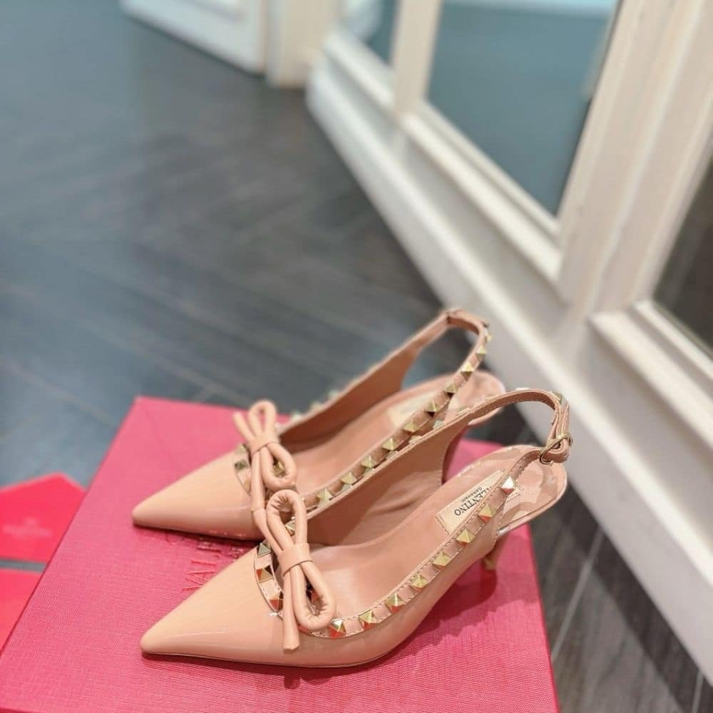 Va1e*ntin0 Rockstud Bow Slingback Pump In Patent With Matching Studs Cinnamon Pink Ws0Ib8Tzegf10