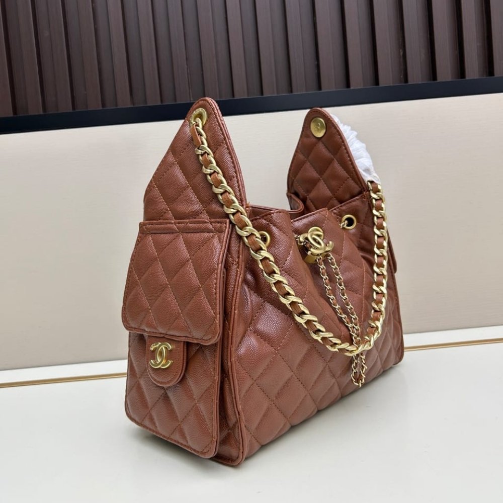 Ch**el 25 Small Handbag Grained And Gold Tone Metal Brown 26Cm As5293 B20304 U1192