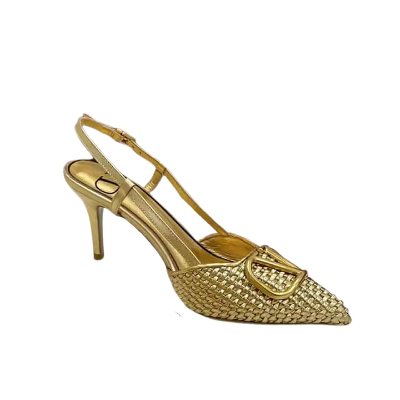 Va1e*ntin0 Garavani Vlogo Woven Leather Slingback Pumps Gold