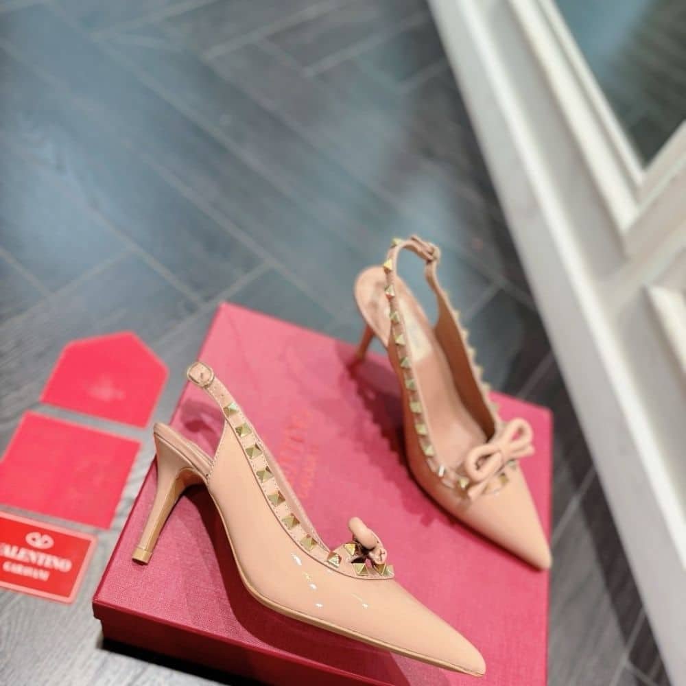 Va1e*ntin0 Rockstud Bow Slingback Pump In Patent With Matching Studs Cinnamon Pink Ws0Ib8Tzegf10