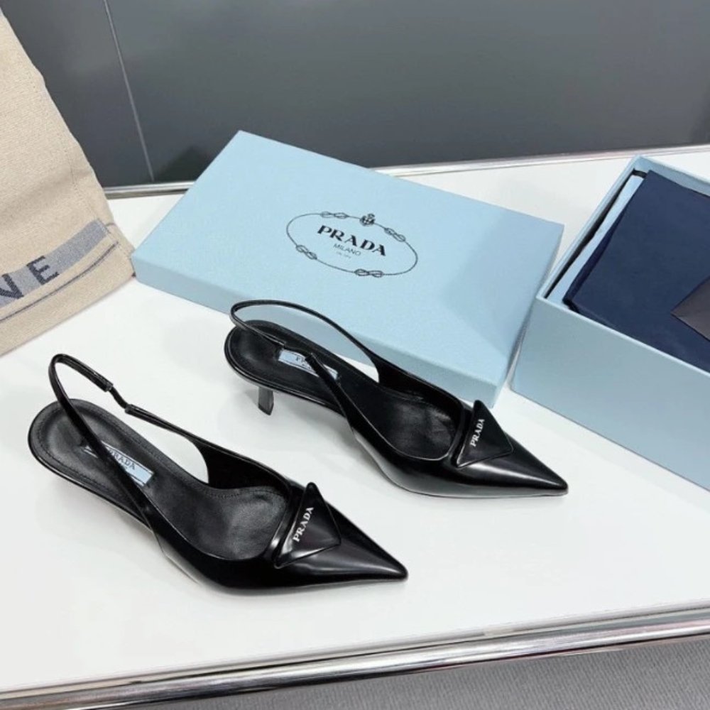 Pra*a Brushed Leather Slingback Pumps Black 1I901M 055 F0002 F 075