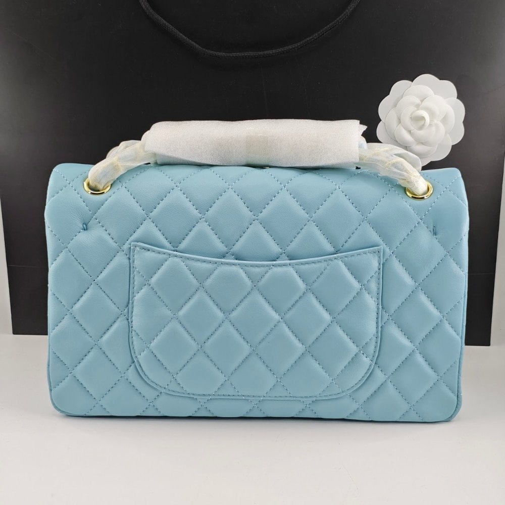Ch**el Classic 11.12 Handbag Gold Tone Metal Light Blue 30Cm