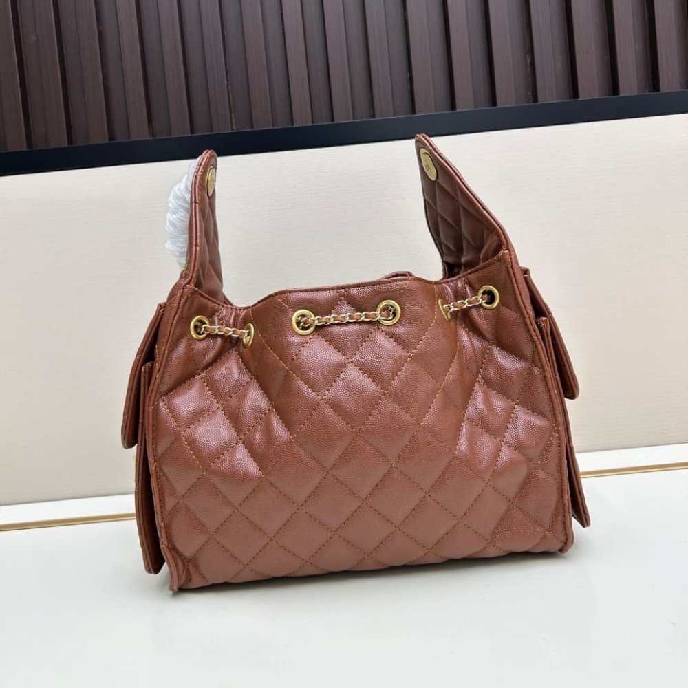 Ch**el 25 Small Handbag Grained And Gold Tone Metal Brown 26Cm As5293 B20304 U1192