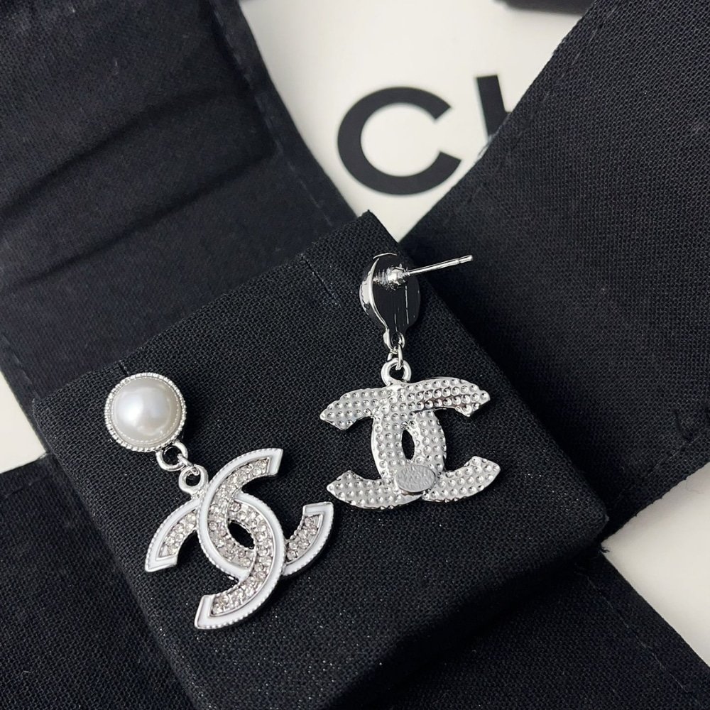 Ch**el Double C Pearl Earrings Silver White
