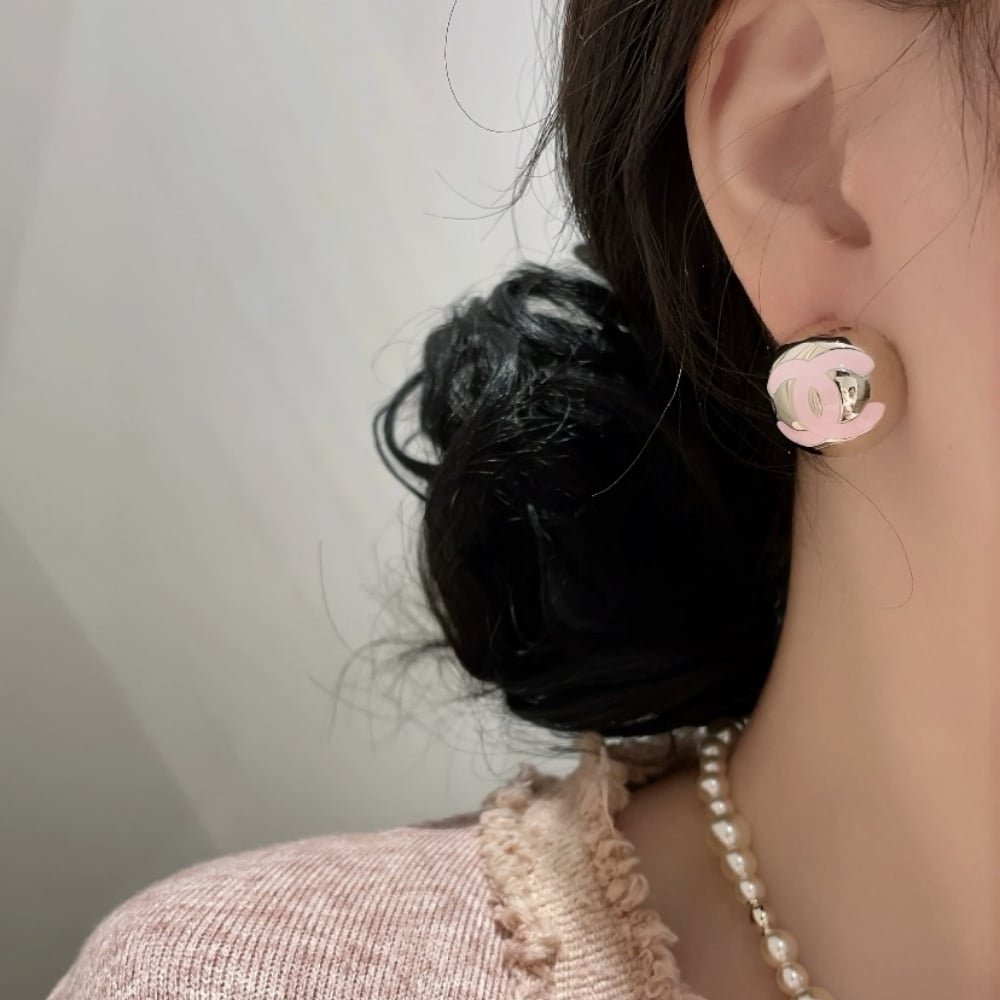 Ch**el Stud Earrings Gold Pink Abe810 B19198 Nacve