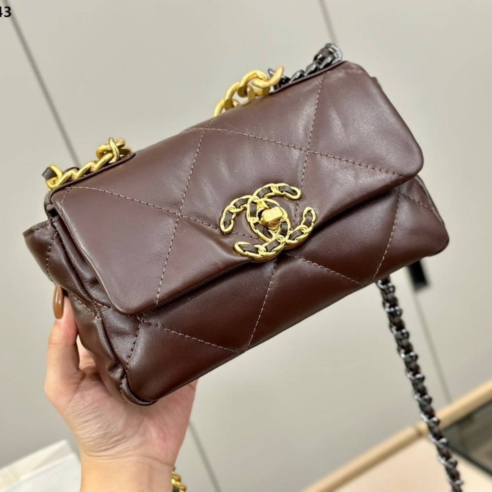 Ch**el 19 Flap Bag Shiny Gold And Silver Tone Brown 20Cm