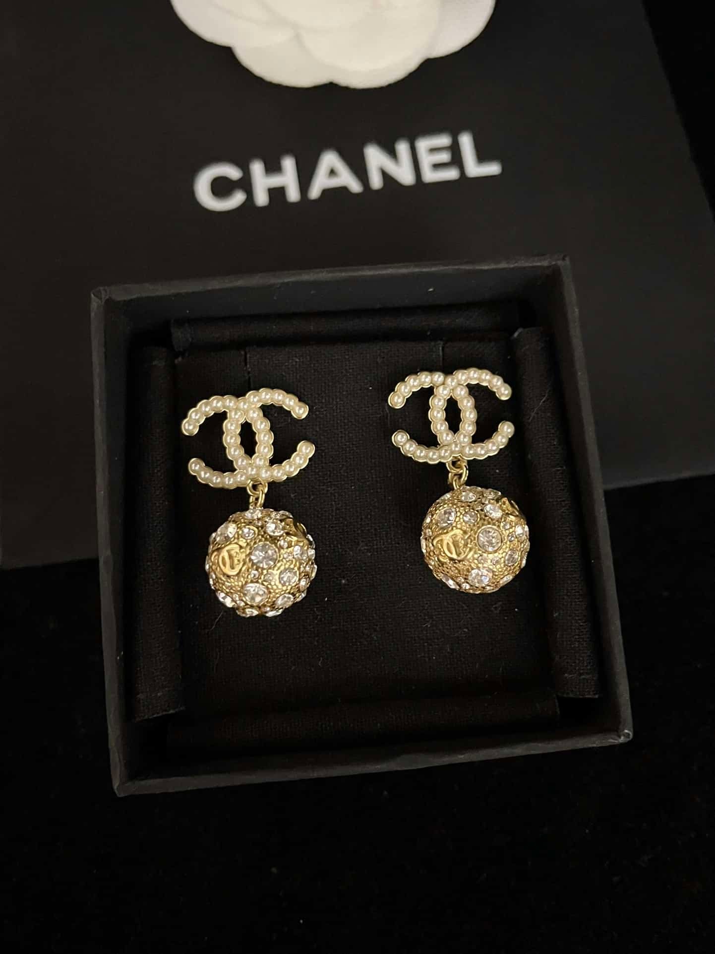 Ch**el New Cc Gold Ball Crystal Pearl Drop Earrings
