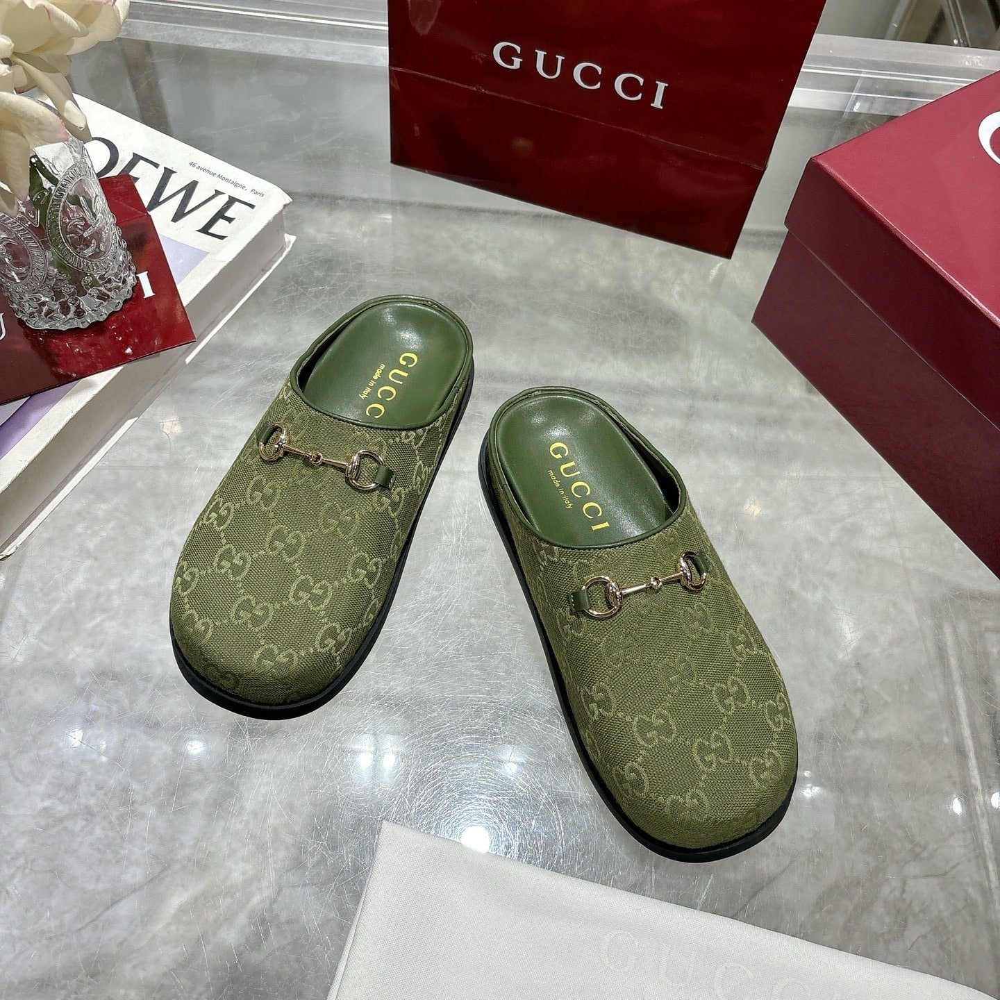Gvc*1 Women Mule With Horsebit Dark Green Gg Canvas 837130 Fab10 3046