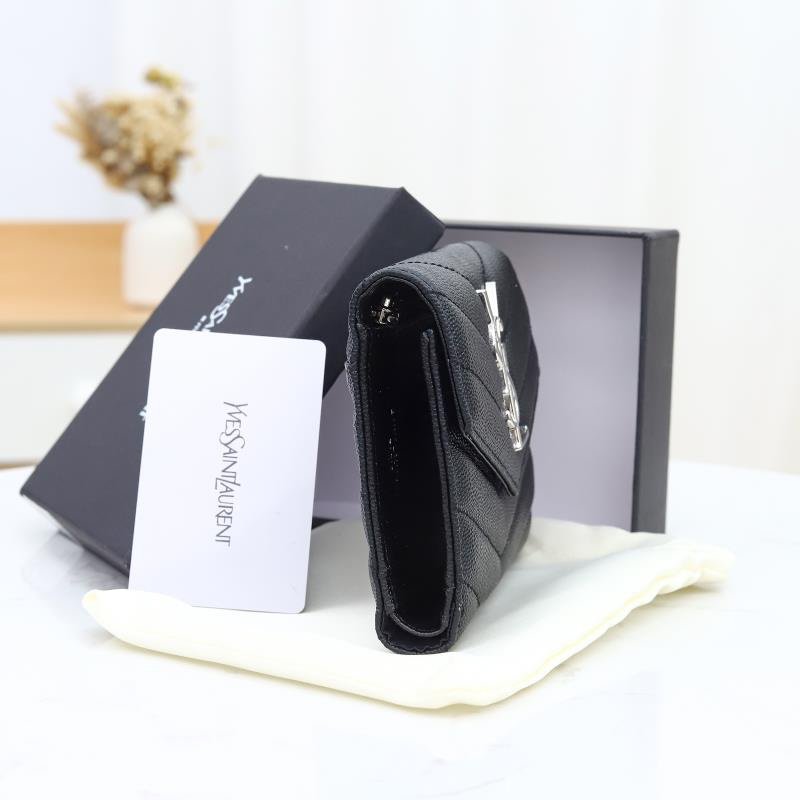 Sa1nt Lau*nt Cassandre Matelassé Small Envelope Wallet In Grain De Poudre Leather Black Silver 13Cm 414404Bow021000