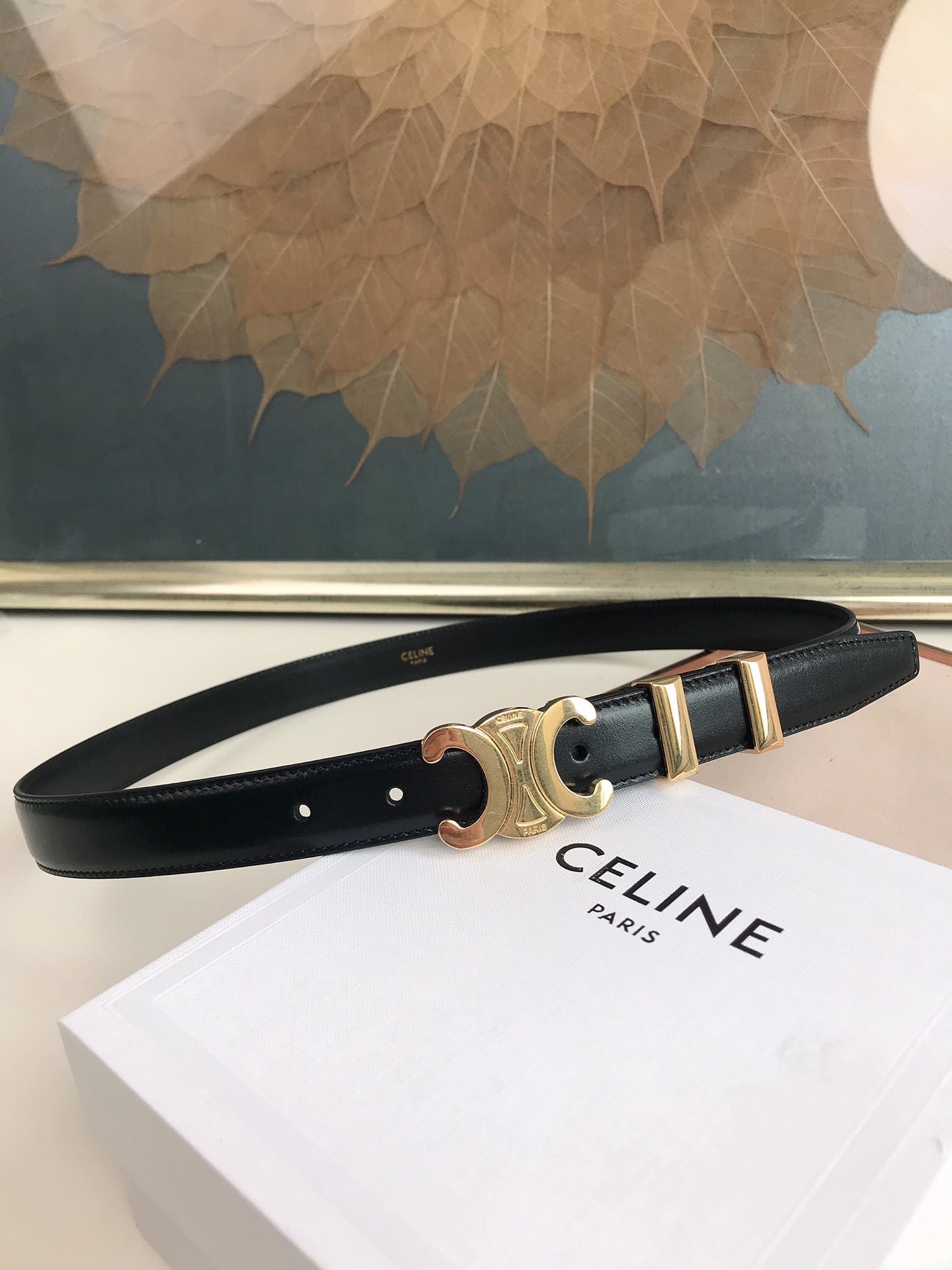 Ce1i*e Small Triomphe Black Belt In Natutal Calfskin Gold Metal