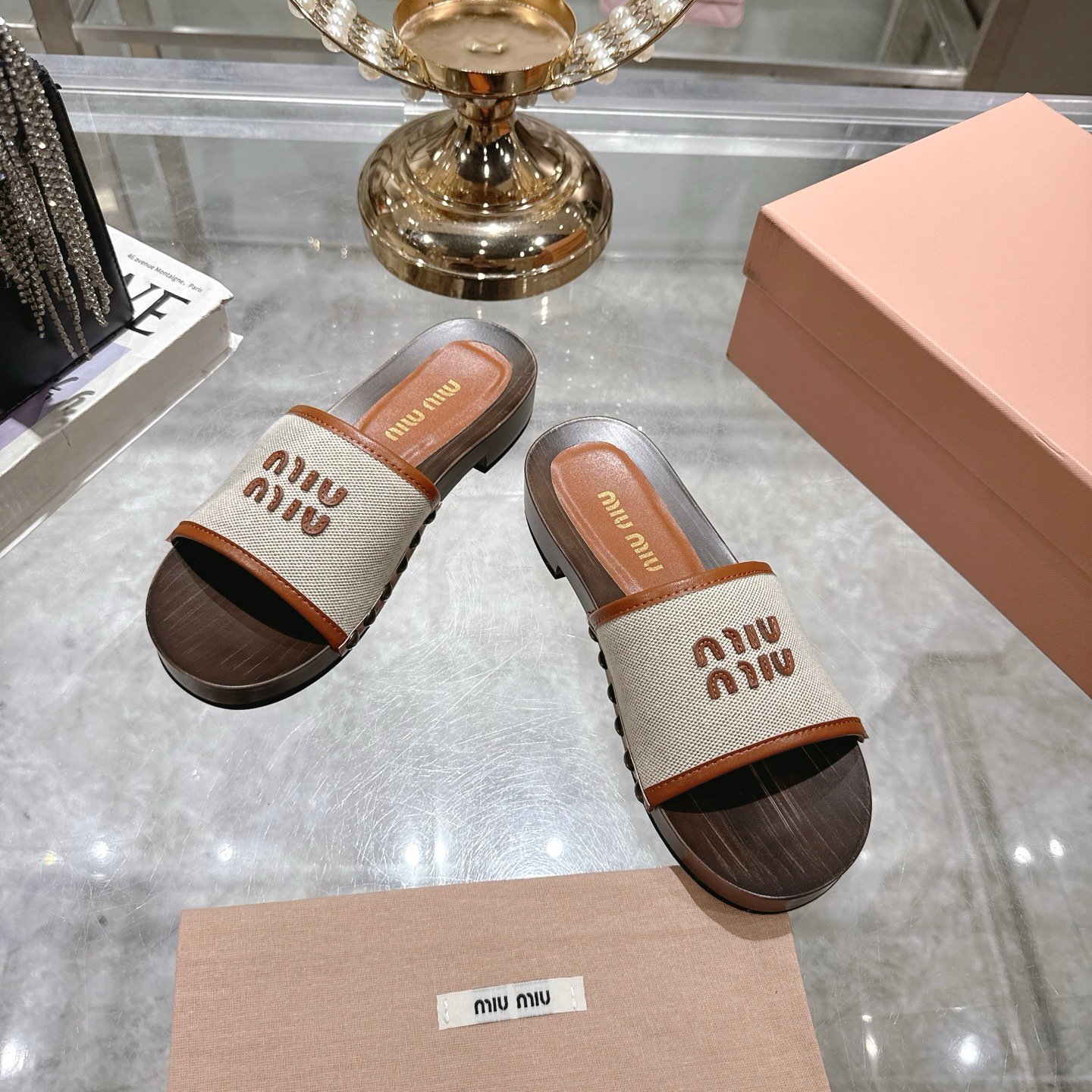 Miu Miu Canvas And Leather Clogs Beige 5Z445E Q1D F062F F 030