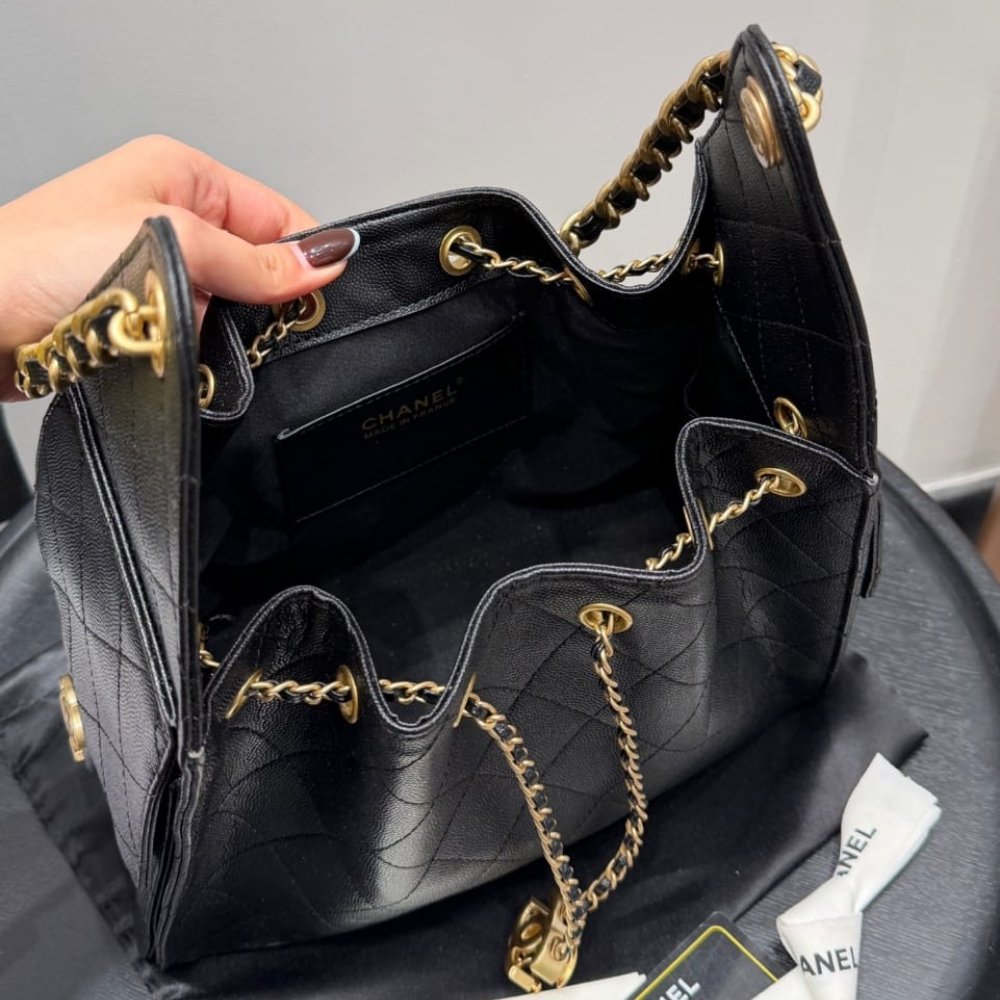 Ch**el 25 Small Handbag Grained And Gold Tone Metal Black 26Cm As5293 B20304 94305