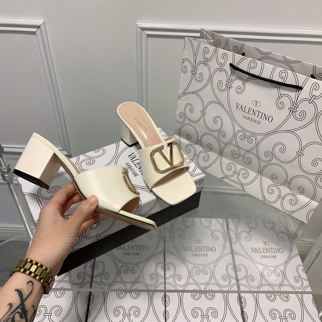 Va1e*ntin0 Vlogo Signature Square Toe Middle Heel White Slide Sandal