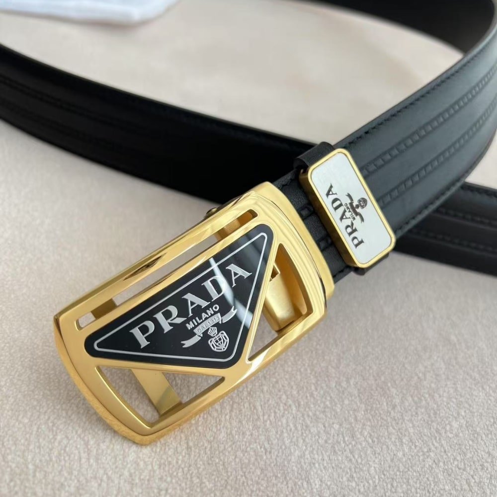 Pra*a Saffiano Leather Belt Gold Hardware In Black