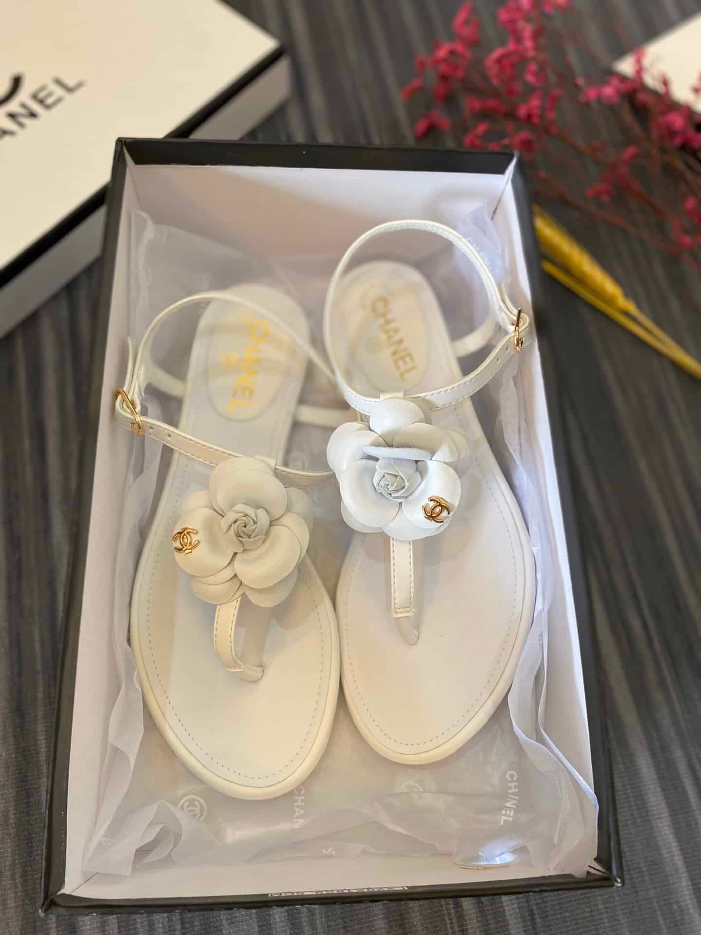 Ch**el Jelly Rubber Camellia Sandals White
