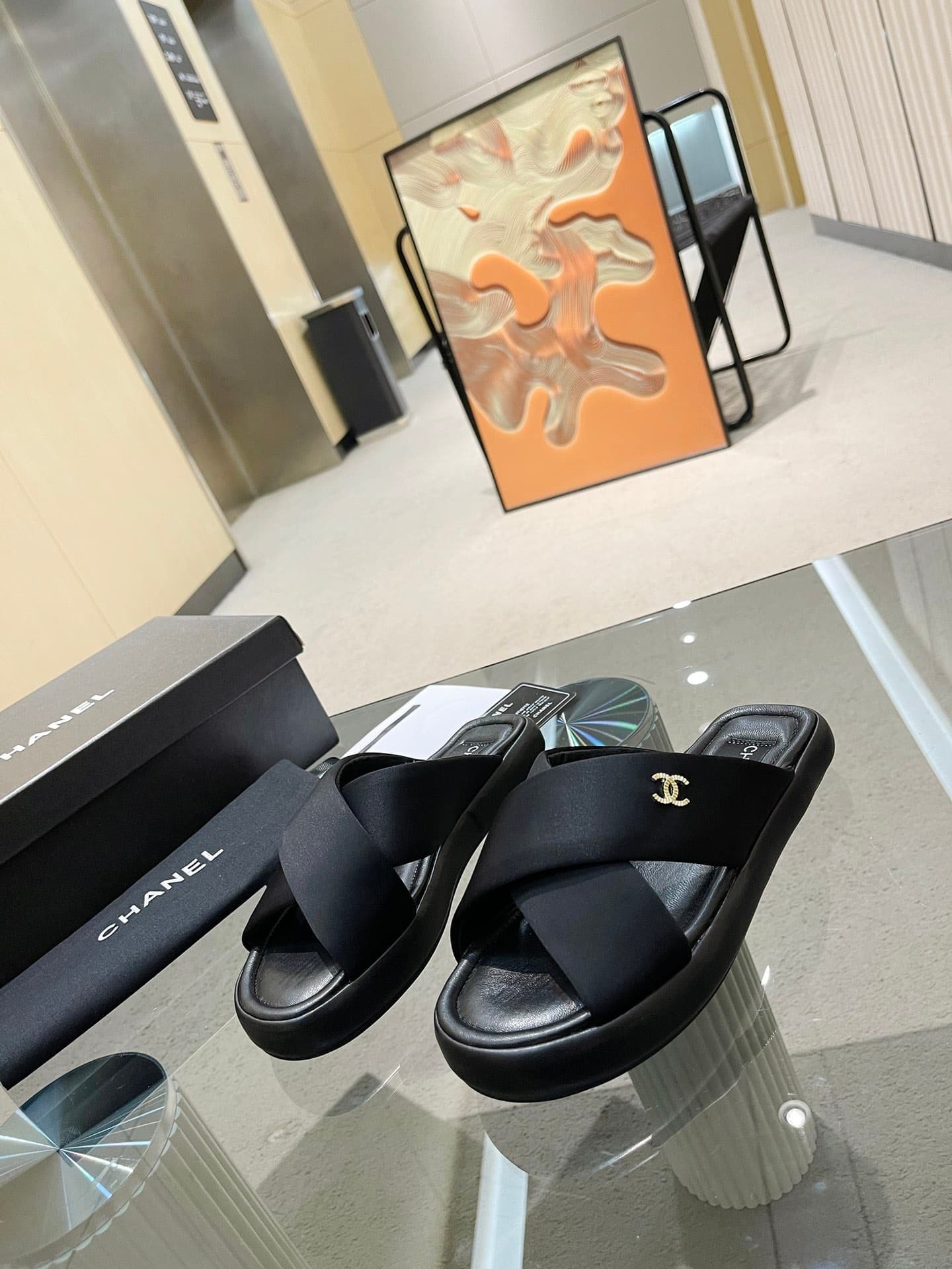 Ch**el Cc Logo Criss Cross Slides Black