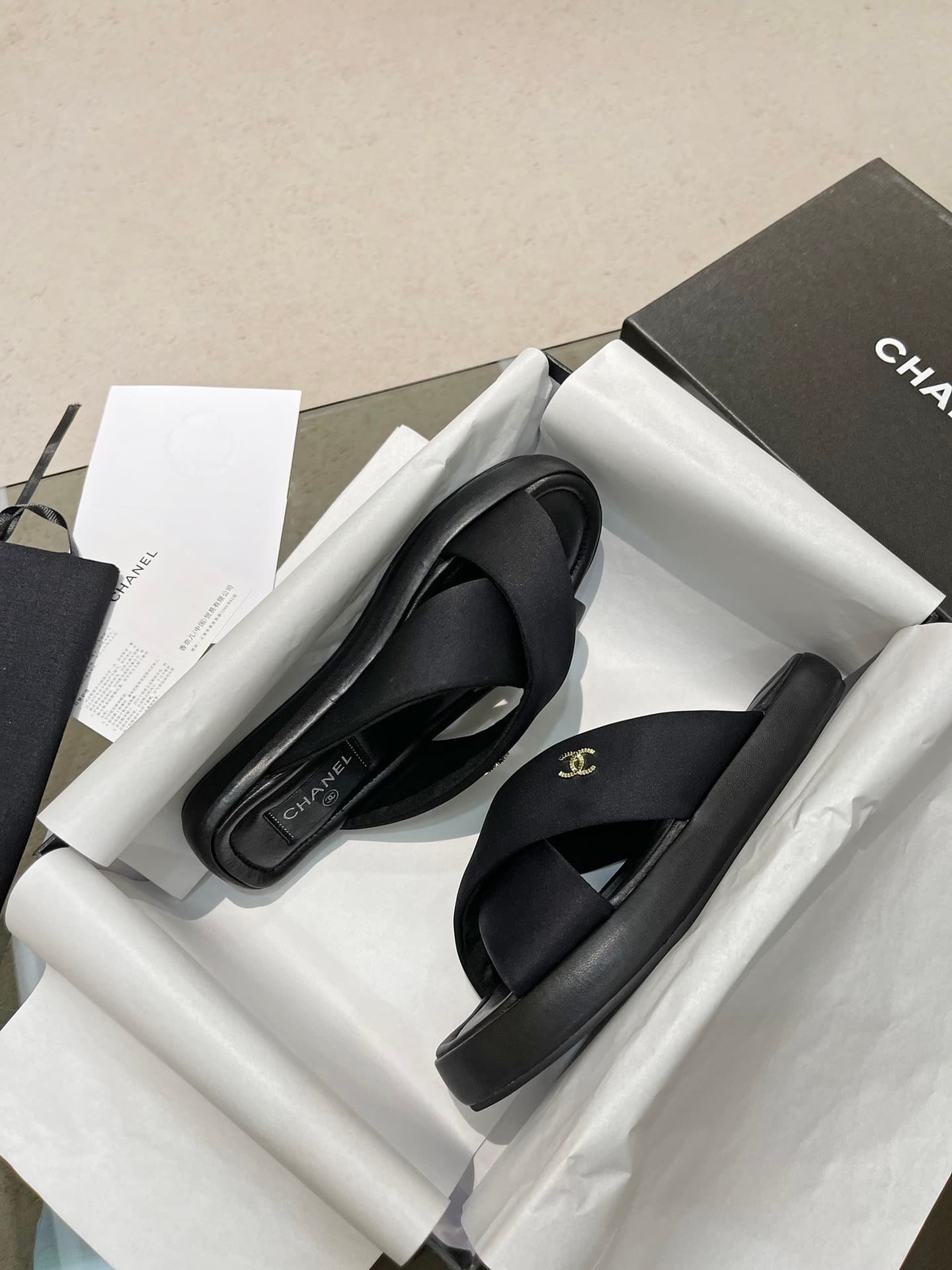 Ch**el Cc Logo Criss Cross Slides Black