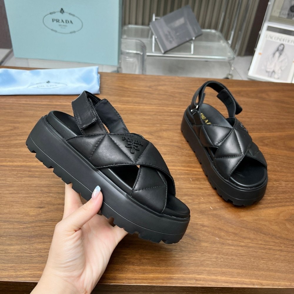 Pra*a Nappa Leather Crisscross Flatform Sandals Black 1Xz777 038 F0002 F 045
