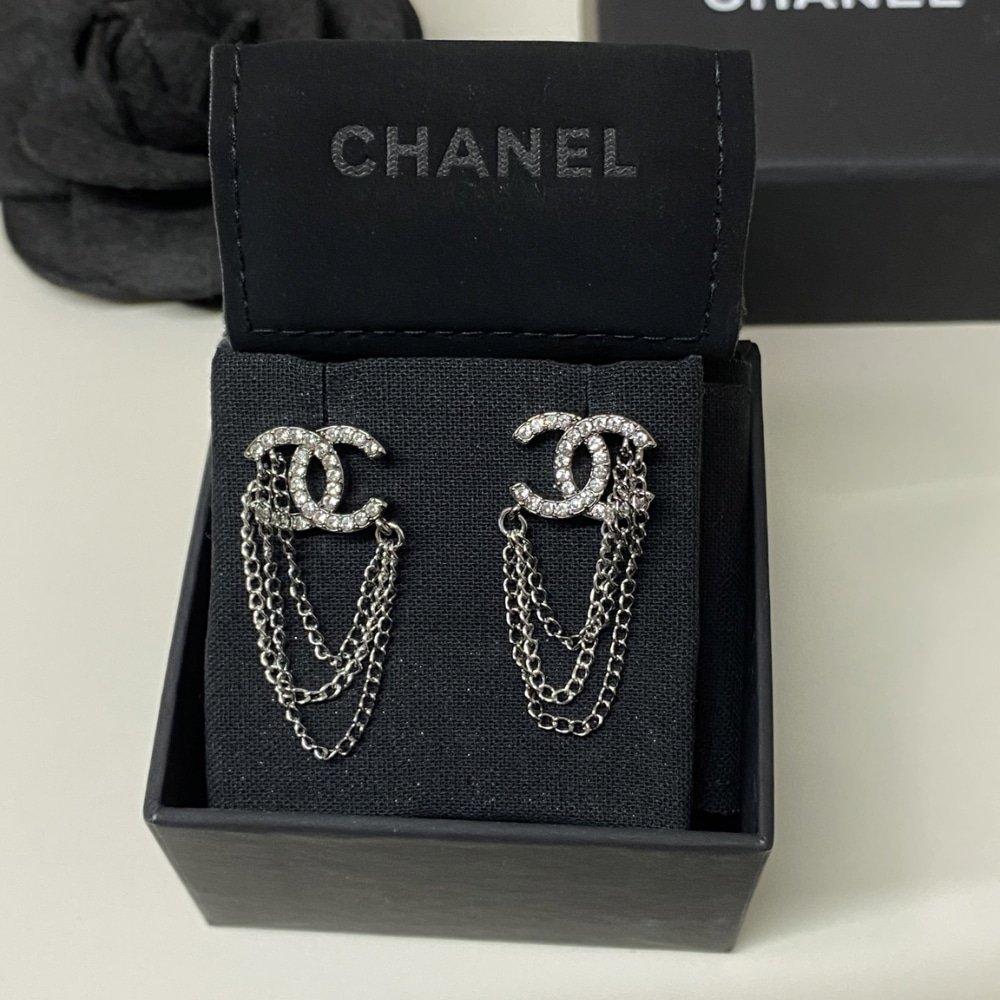 Ch**el Stud Earrings With Crystal And Multi Chain In Silver Tone