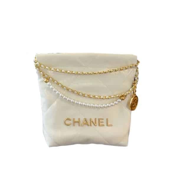 Ch**el 22 Mini Handbag Crystal Pearls White 22Cm As3980