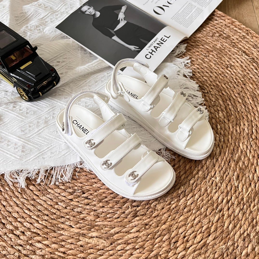 Ch**el Triple Velcro Strap Sandals White G45628
