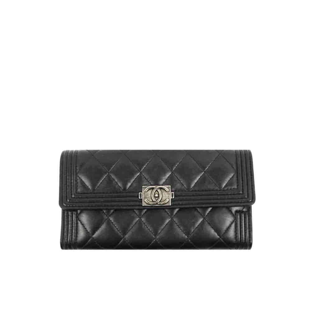 Ch**el Boy Flap Long Wallet Ruthentium Hardware Black 19Cm