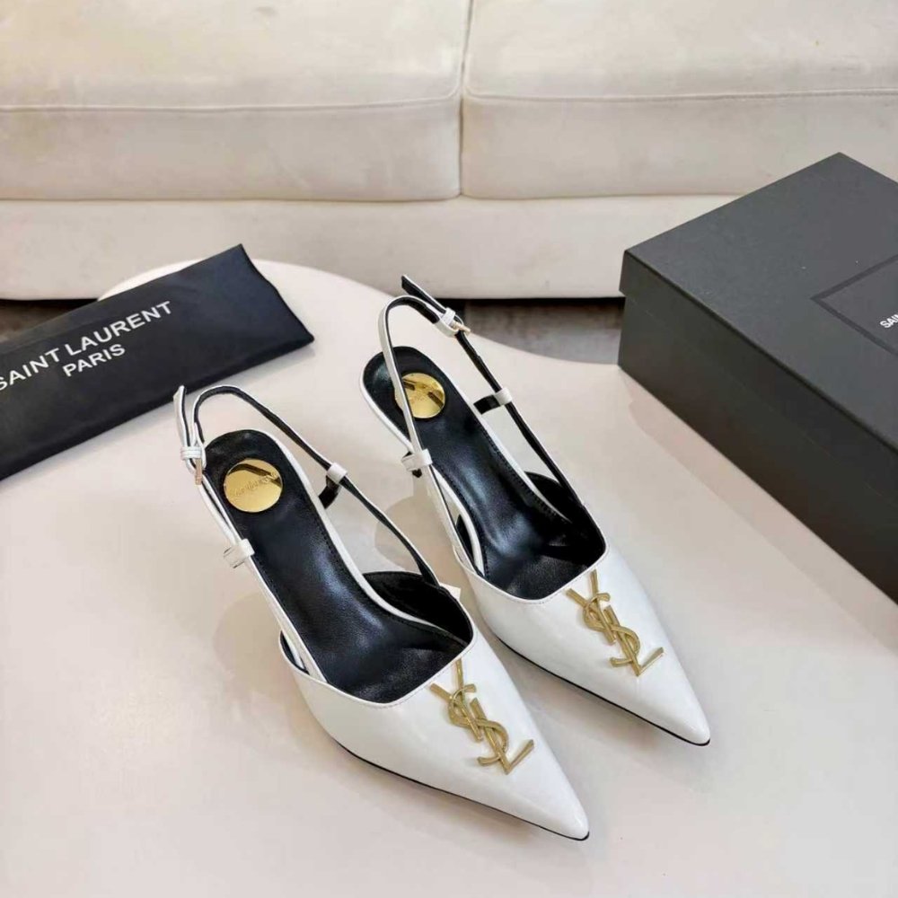 Sa1nt Lau*nt Pointed Toe Slingback Pumps With Gold Tone Metal White