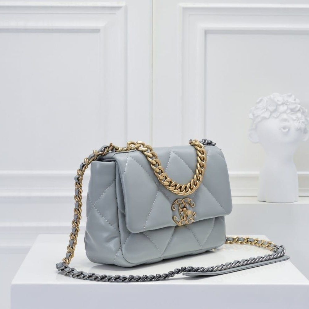 Ch**el 19 Flap Bag Shiny Gold And Silver Tone Light Blue 26Cm