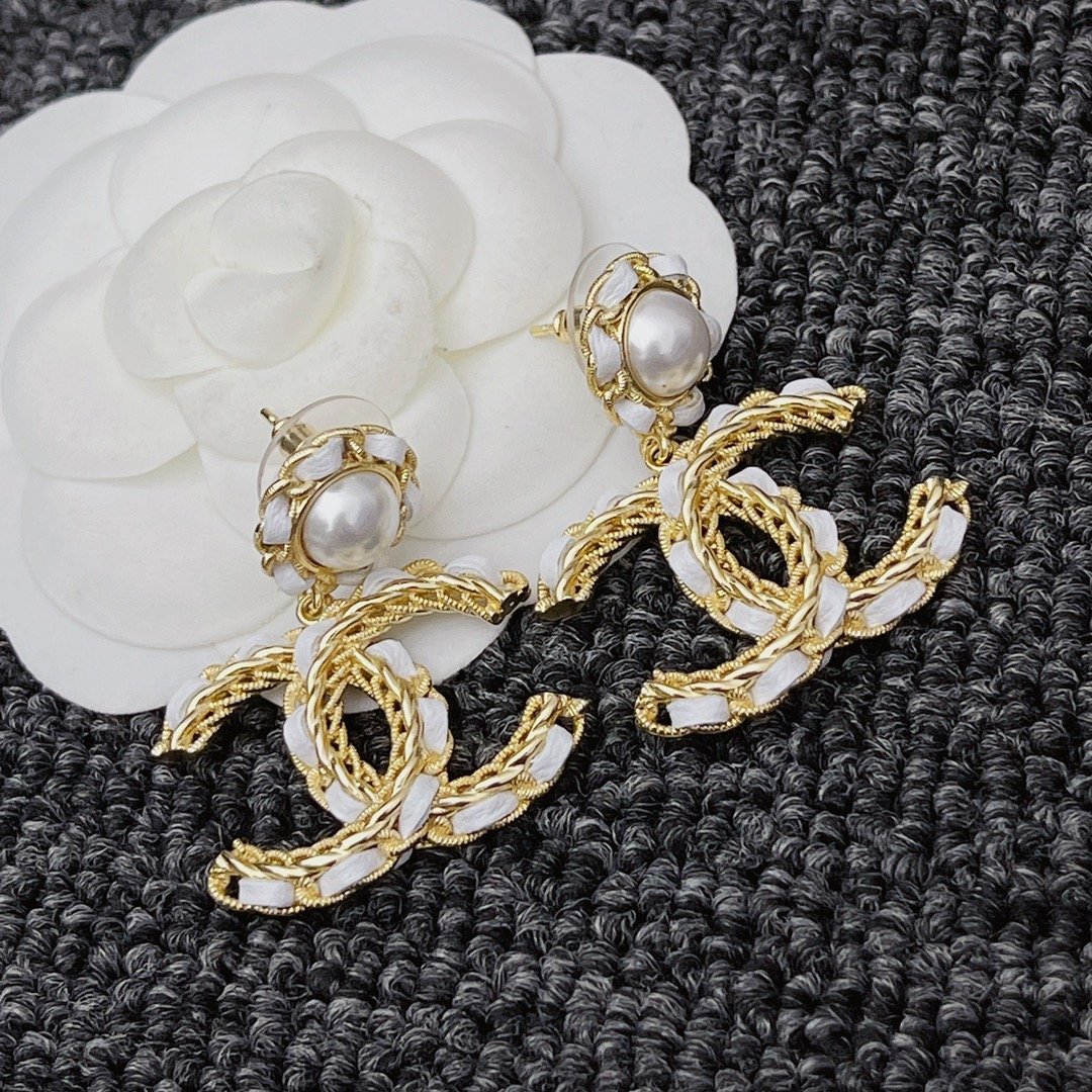 Ch**el White Leather And Gold Metal Earrings
