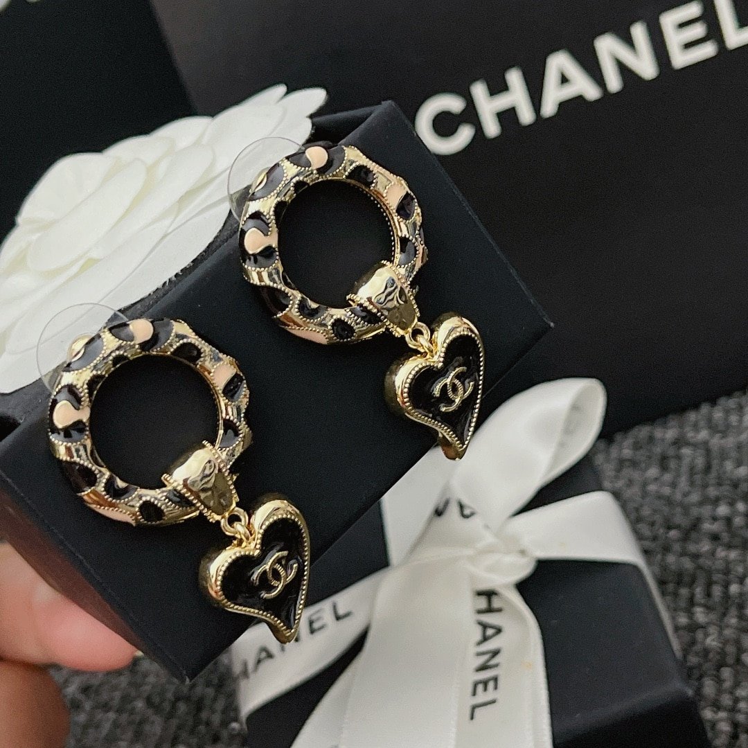 Ch**el Classic Love Double C Logo Leopard Round Earrings