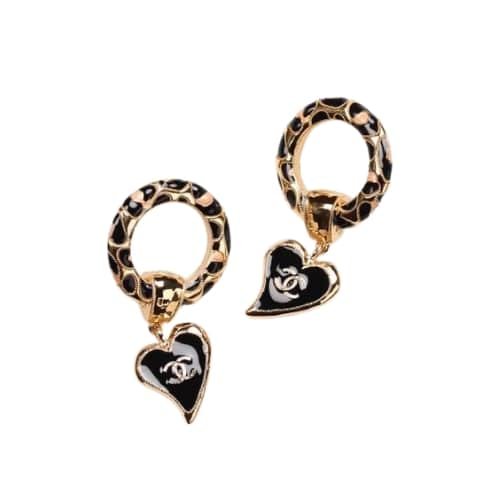 Ch**el Classic Love Double C Logo Leopard Round Earrings