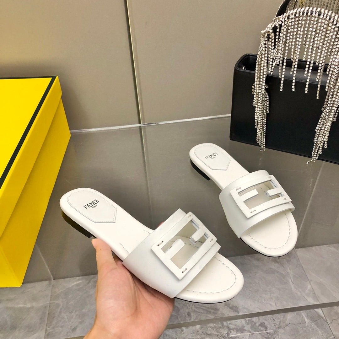 F**di Baguette White Leather Slides