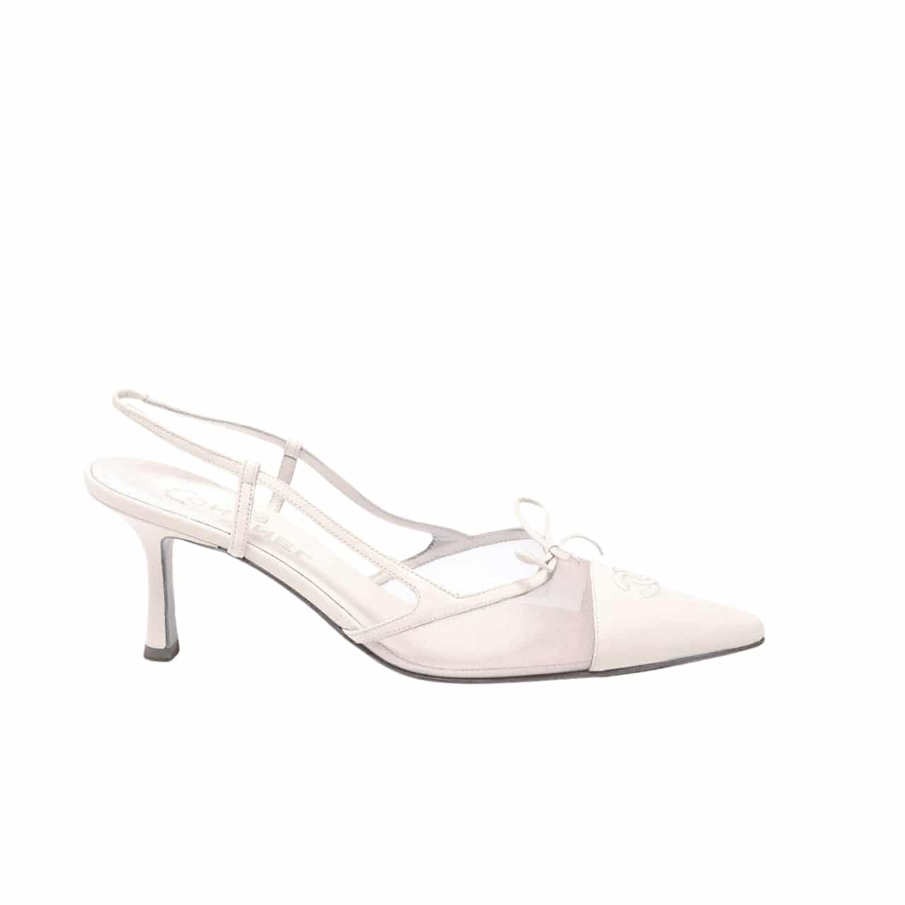 Ch**el Cc Leather Pointy Toe Pumps Slingbacks Sandals White
