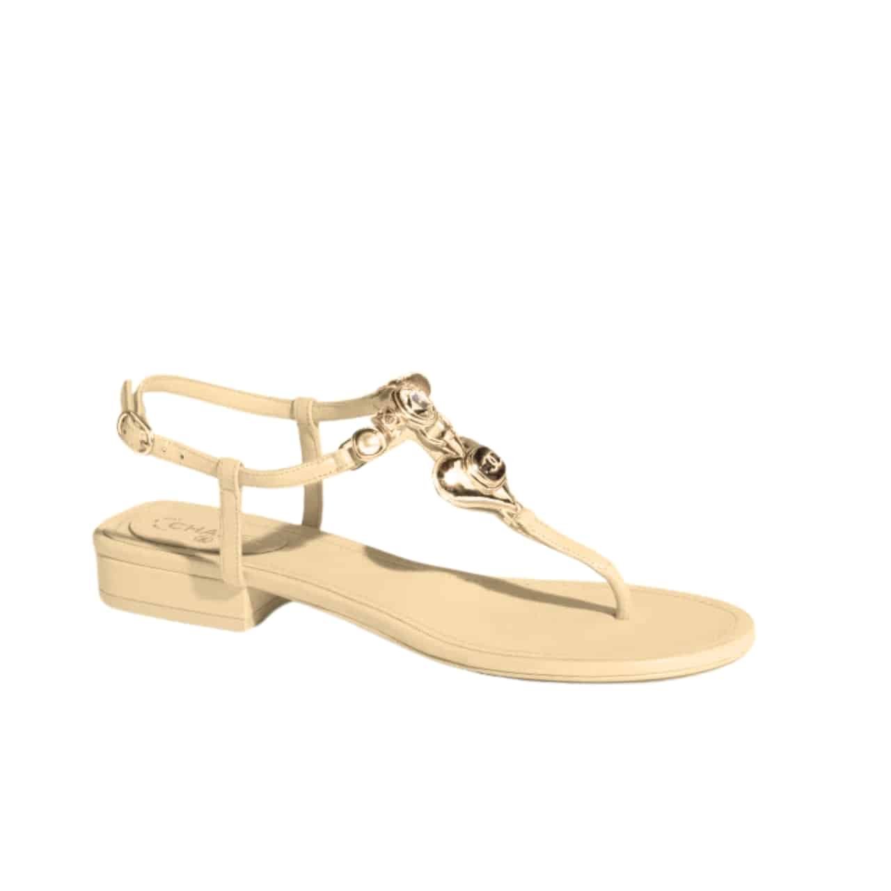 Ch**el Shiny Pearl Crystal Cc Heart Thong Sandals Yellow G39674 X01000 0S083