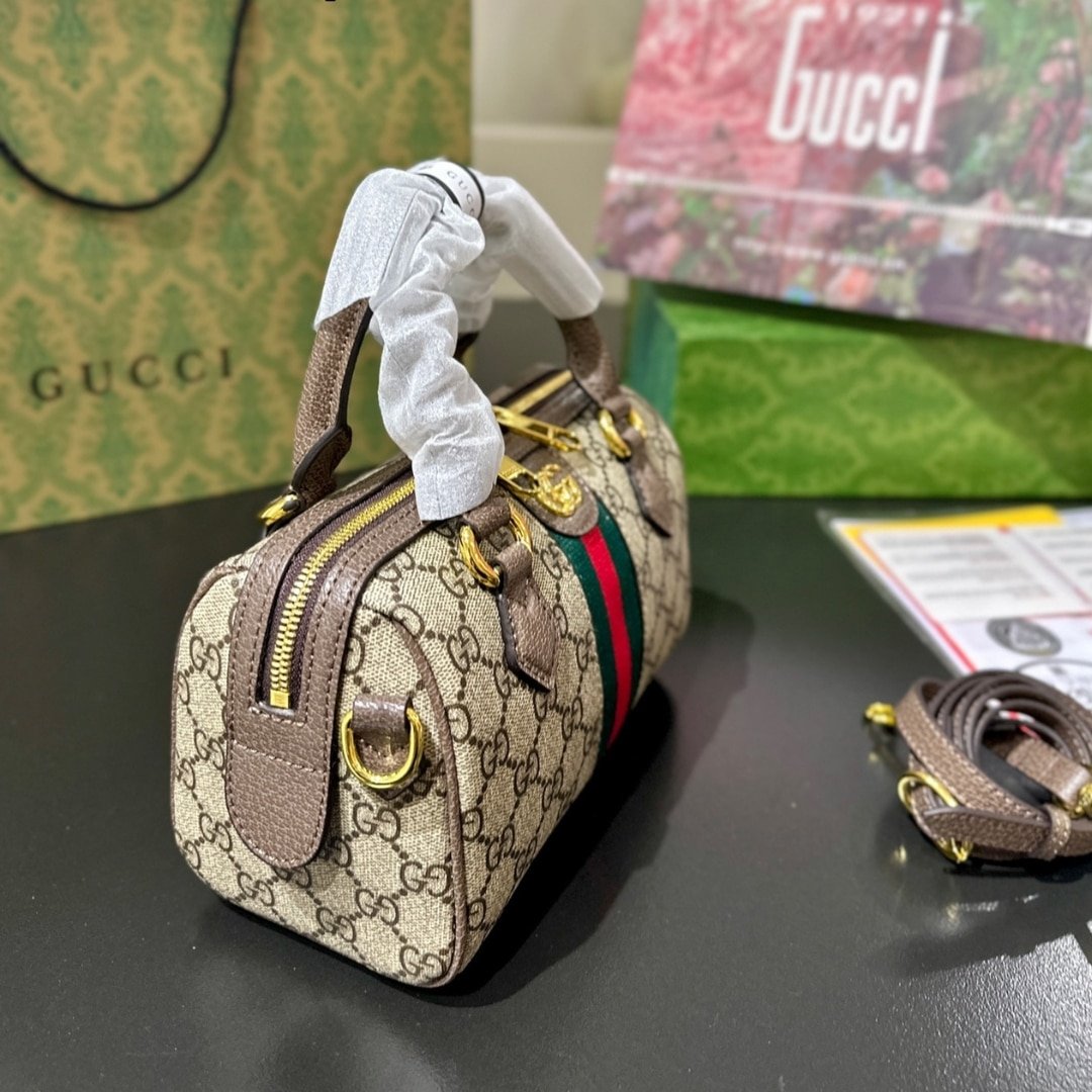 Gvc*1 Ophidia Small Boston Bag GG Monogram Beige And Dark Brown 22Cm 772053 96IWG 8745