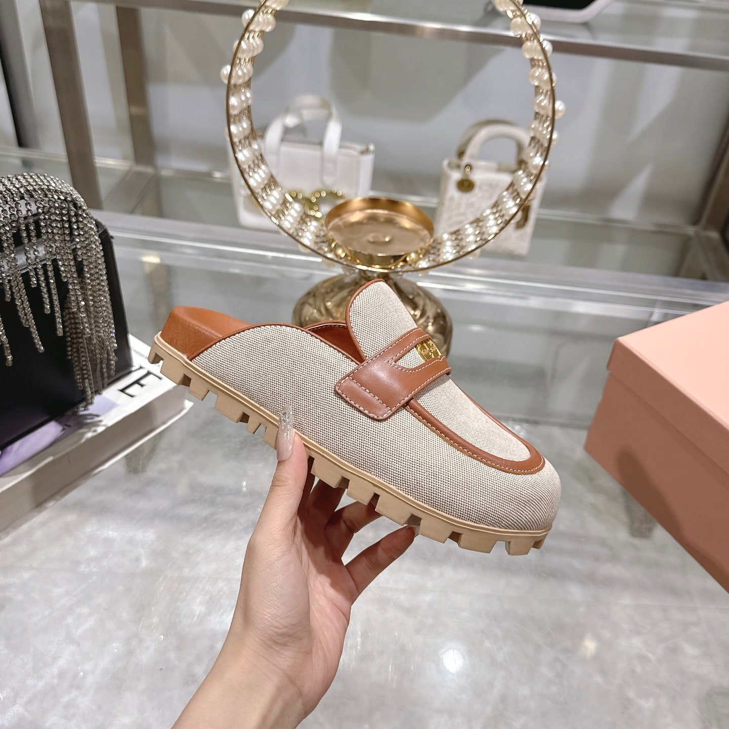 M1um1u Canvas And Leather Mules Beige 5D377E Q1D F062F F 010
