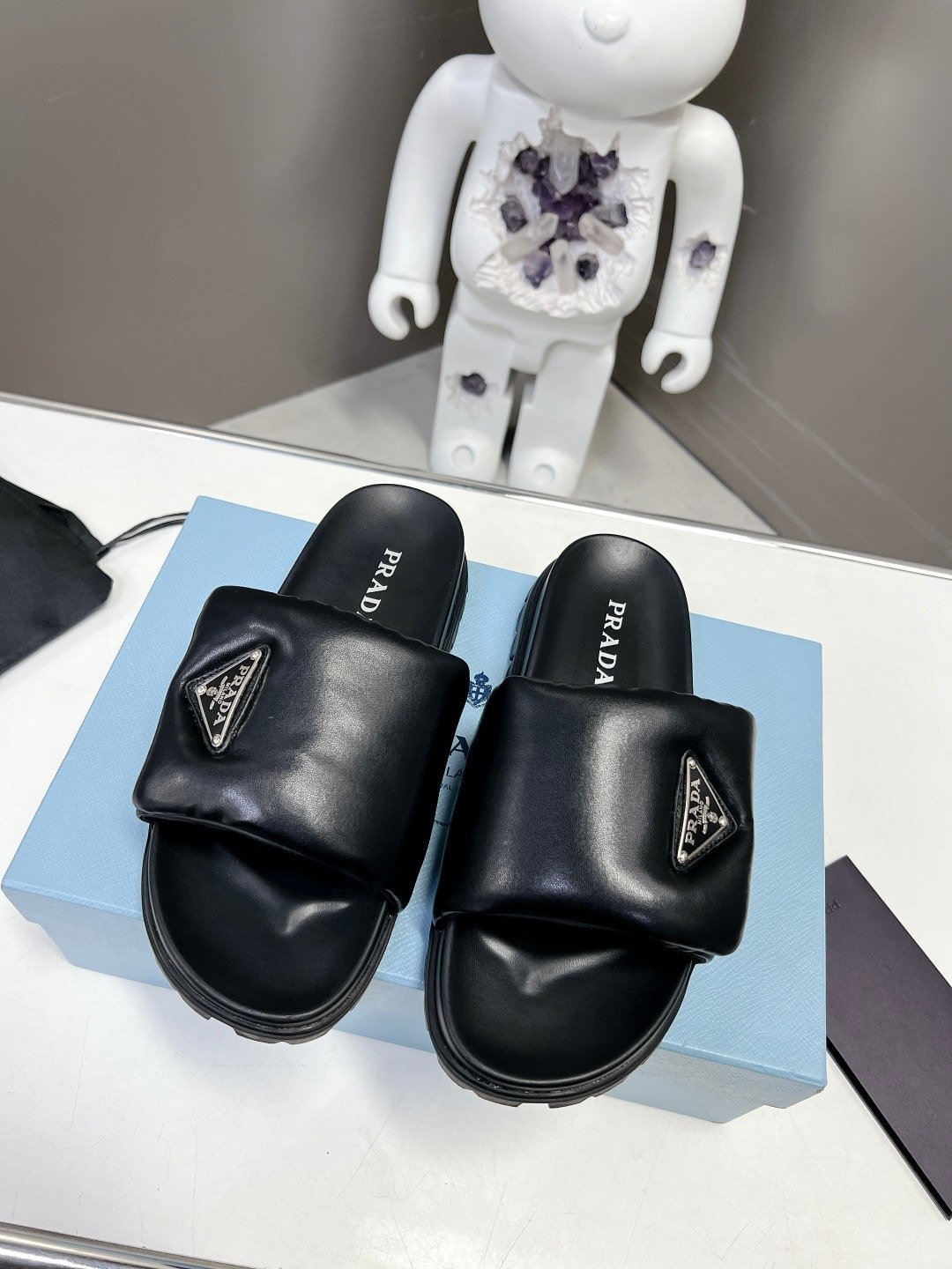 Pra*a Soft Padded Nappa Leather Slides Black 1Xx6482Dl8F0002F020