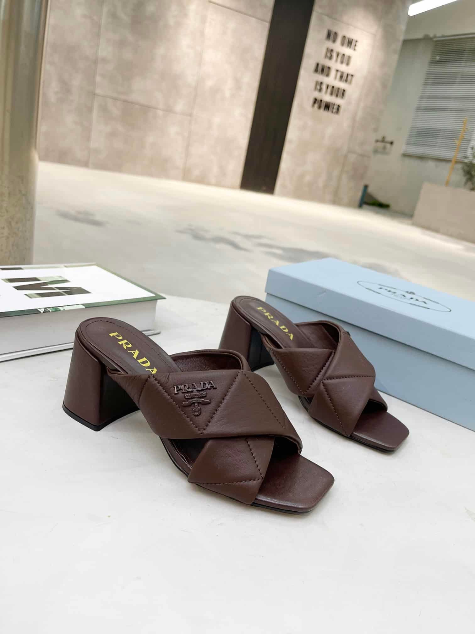 Pra*a Crossover Nappa Leather Sandals In Dark Brown