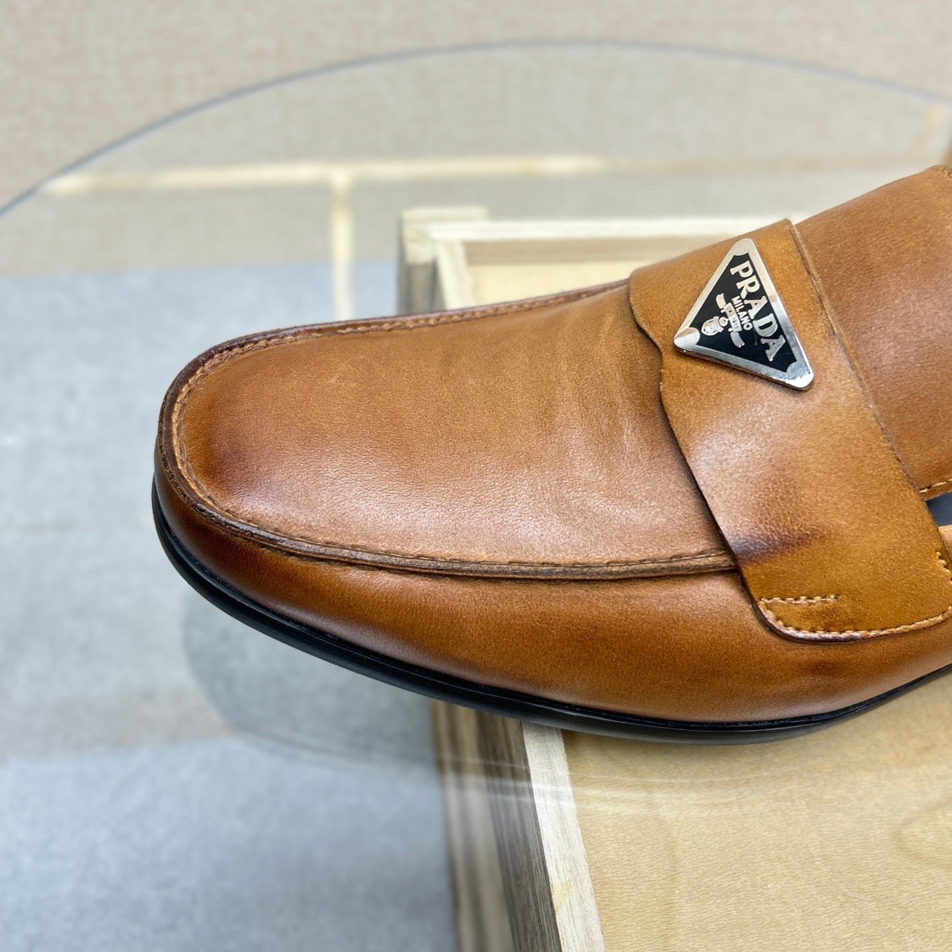 Pra*a Brushed Leather Loafers Triangle Logo Brown