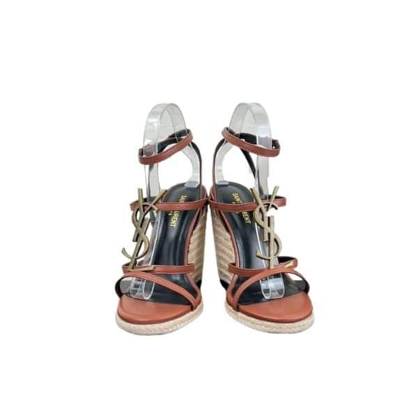 Sa1nt Lau*nt Cassandra 115 Leather And Raffia Wedge Brown Sandals
